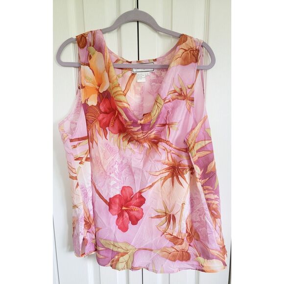 Diane Gilman‎ 2X Women’s 100% Silk Sleeveless Blouse Pink Floral Drape Neck - Picture 1 of 6
